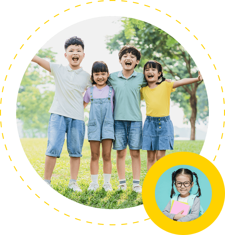 Happy group of children enjoying student care program at Joyful Explorers with smiling girl holding books